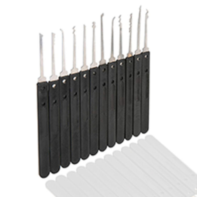Close-up view of lock picking tools showing detailed metal construction and precision design