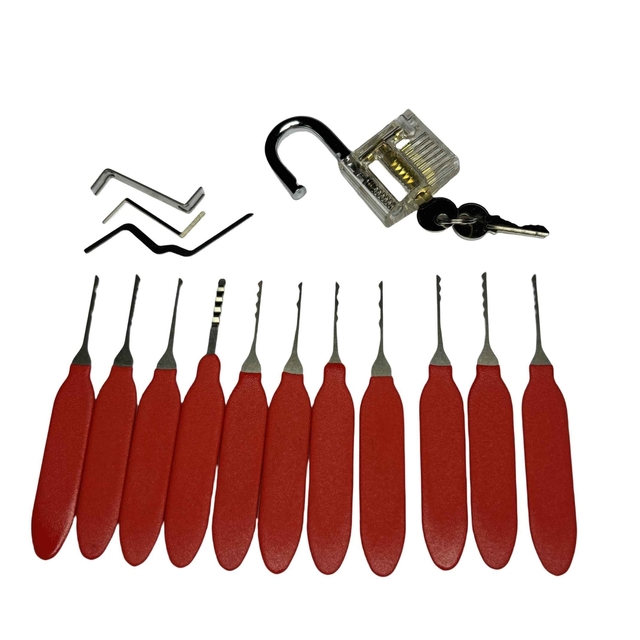 11+3 PSC Red Color Handle Metal Lock Pick Set for Professional Locksmith Tools